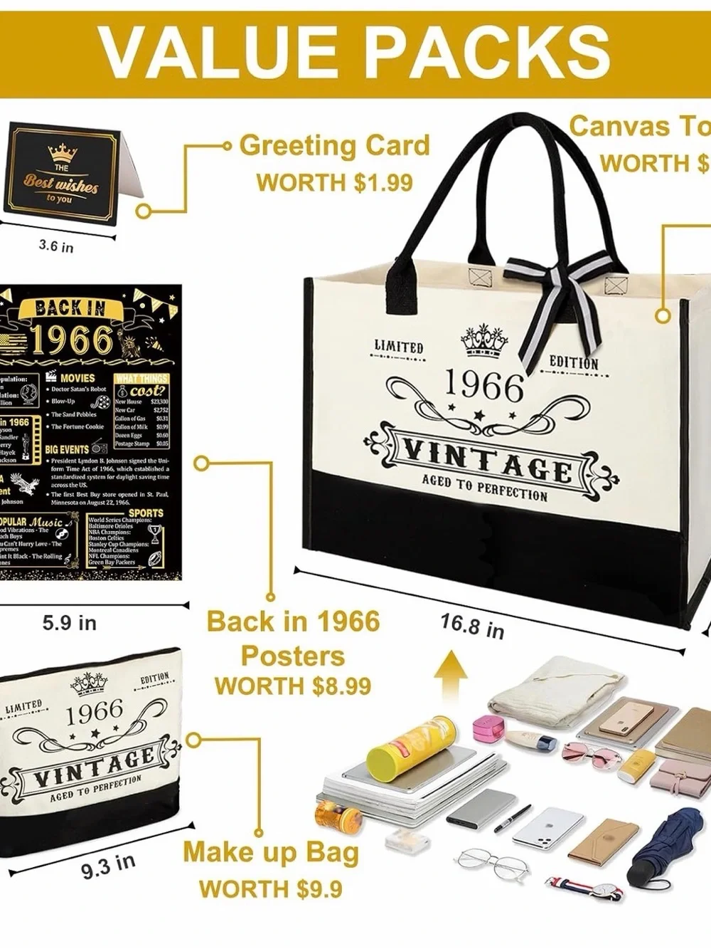 60th Birthday Gift for Women-Vintage 1966 Canvas Tote Bag,Makeup Bag,Poster